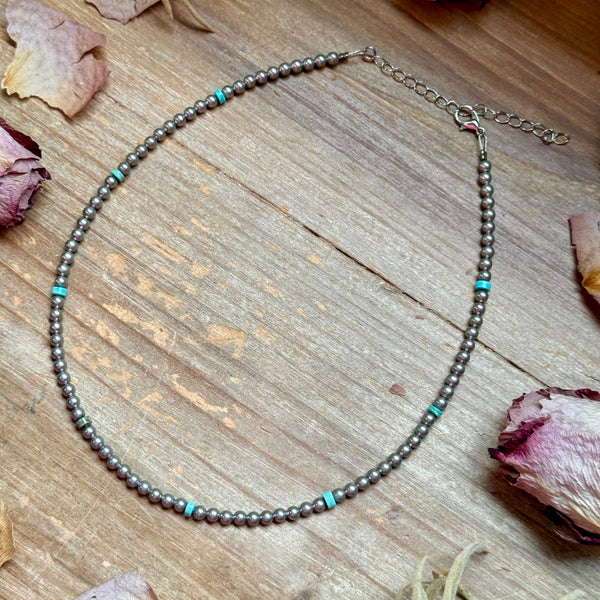 15” Variscite Turquoise Heishi Necklace – 4mm Silver Plated beads