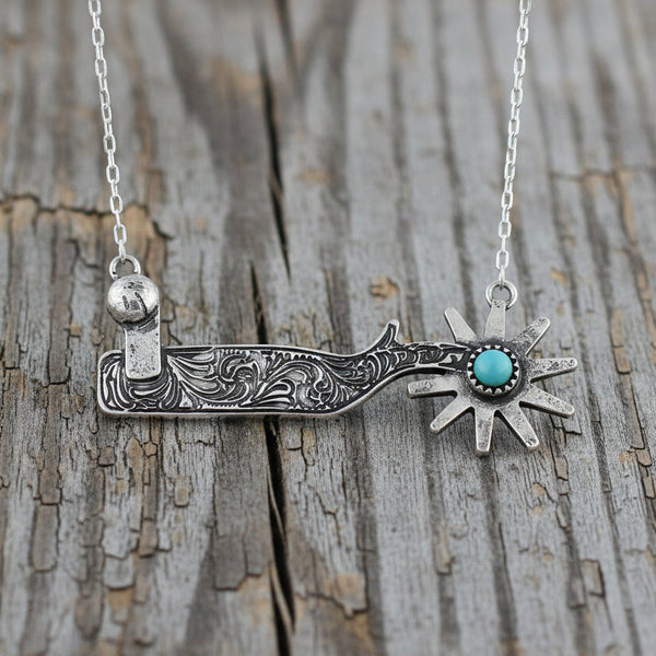 COWBOY BOOTS SPUR NECKLACE - SILVER / TURQUOISE