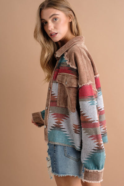 Corduroy Frayed Edge Aztec Crop Jacket