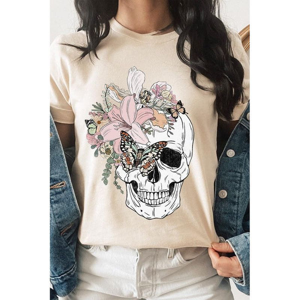 Floral Skull Graphic Tee - Multiple Colors