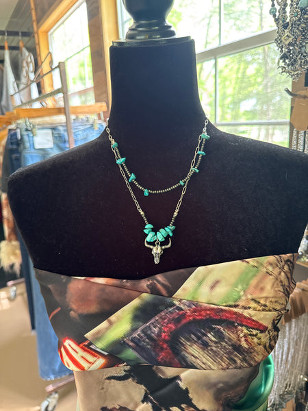 Spencer Steer Turquoise Silver Pearl Layered Necklace