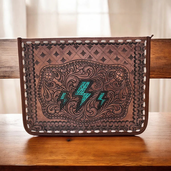 TURQUOISE LIGHTNING BOLT TOOLED LEATHER CROSSBODY BAG