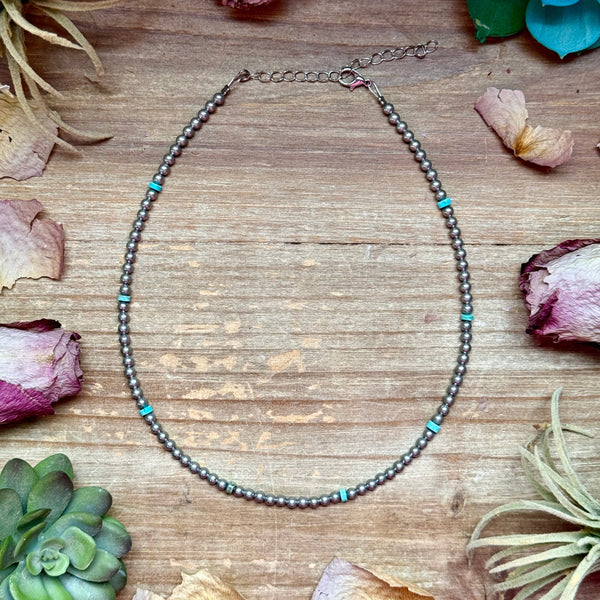 15” Variscite Turquoise Heishi Necklace – 4mm Silver Plated beads