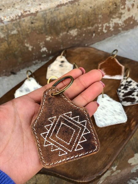 AZTEC RUSTIC LEATHER & COWHIDE KEYCHAIN