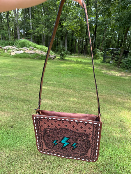 TURQUOISE LIGHTNING BOLT TOOLED LEATHER CROSSBODY BAG