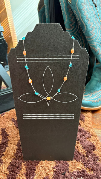 TURQUOISE & ORANGE SPINY OYSTER LIQUID SILVER NECKLACE