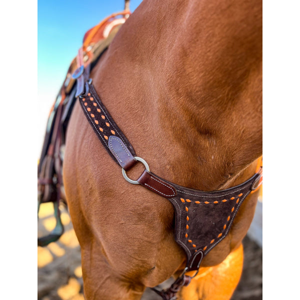 Sunrise Orange on Chocolate Suede BuckStitch Betty Bikini Breast Collar and Headstall set