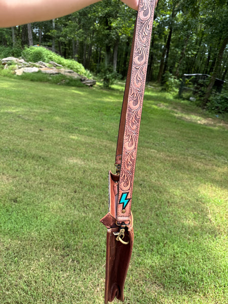 TURQUOISE LIGHTNING BOLT TOOLED LEATHER CROSSBODY BAG