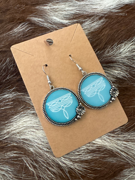 Western Boot Stitch Circle Earrings - Turq.
