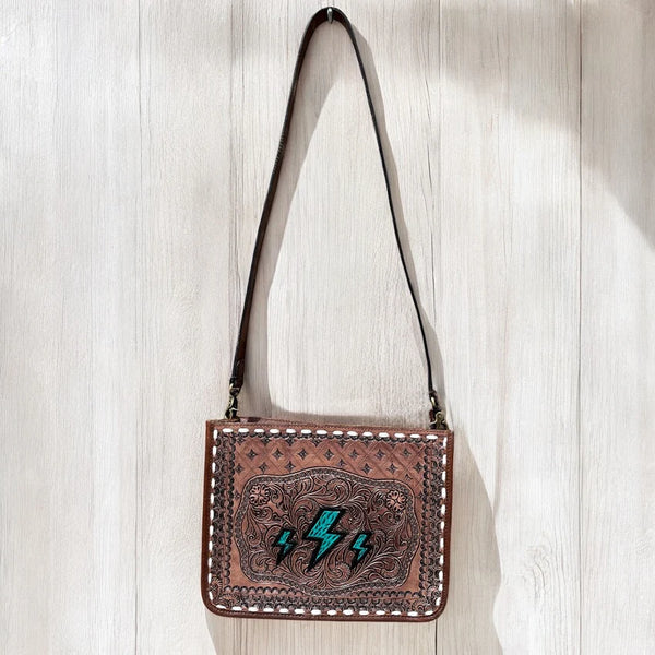 TURQUOISE LIGHTNING BOLT TOOLED LEATHER CROSSBODY BAG