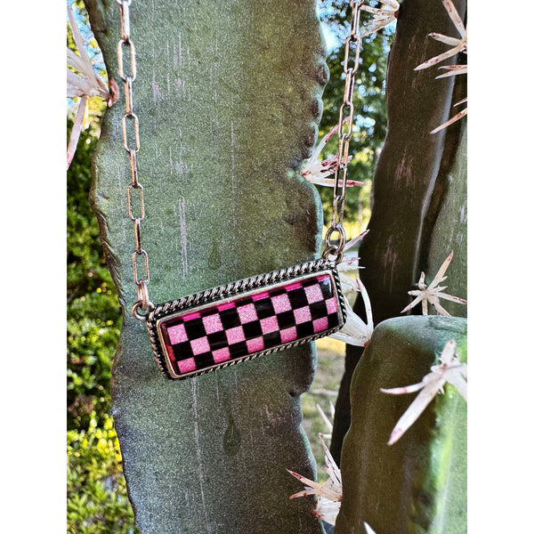 Pink Checkered Bar Necklace
