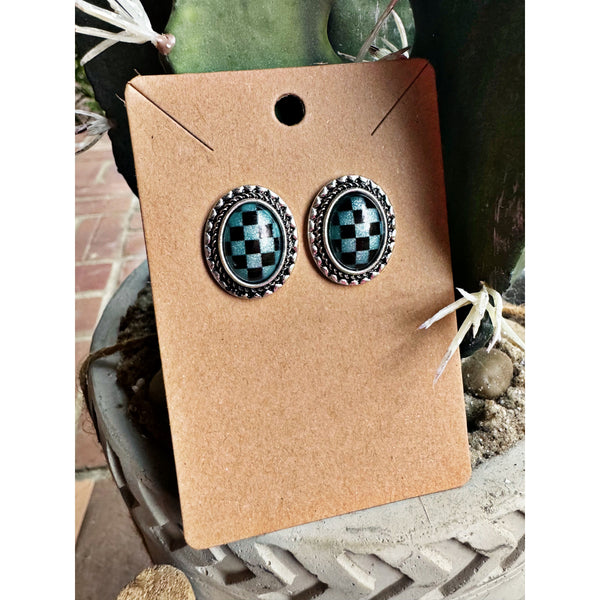 Oval Checker Stud Earrings - Turq.