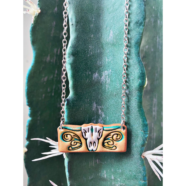 Leather Bull Skull Bar Necklace