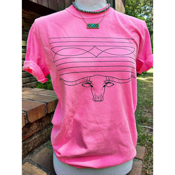 Boot Stitch Longhorn Tee - Neon Pink