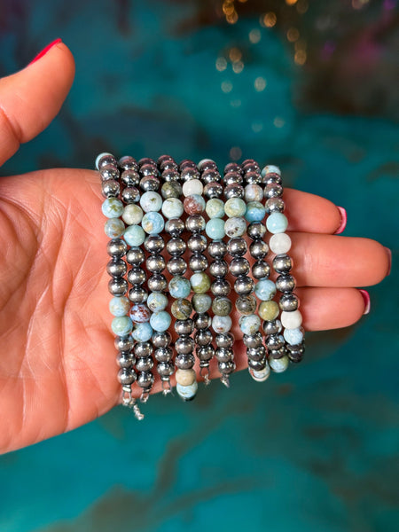 Sterling Silver & Larimar Bracelet – 6 mm Beads