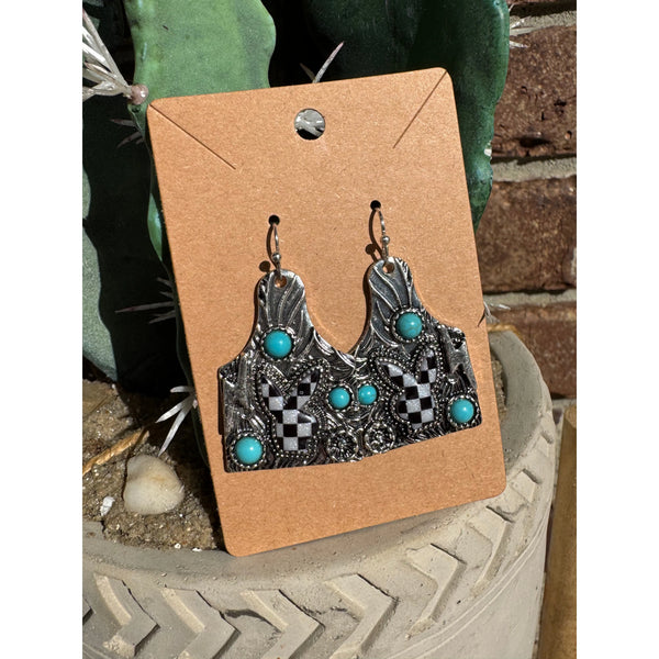 Checker Bunny Cattle Tag Earrings