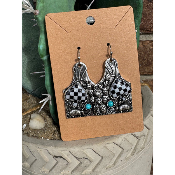 Checker Spade Cattle Tag Earrings