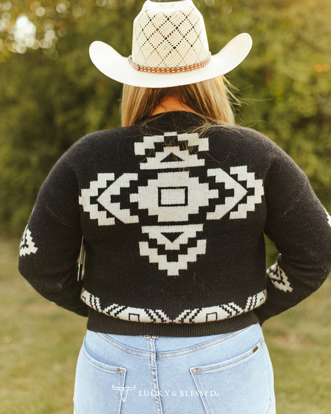 Black Long Sleeve Cream Aztec Embroidered Sweater