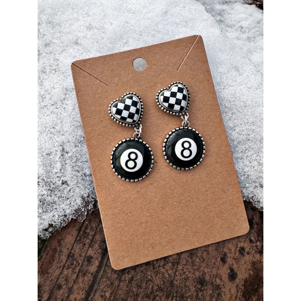 8 Ball Heart Earrings - Black