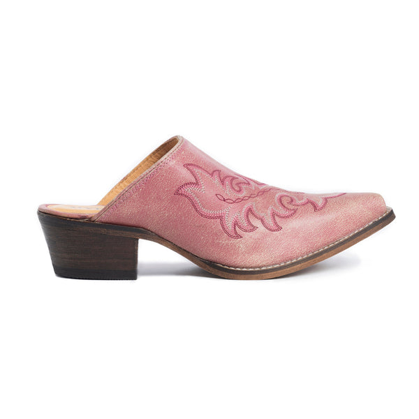 Myra Ximena Leather Mules in Pink - Handstitched Cowgirl Mules with Low Heel for Carnival Chic