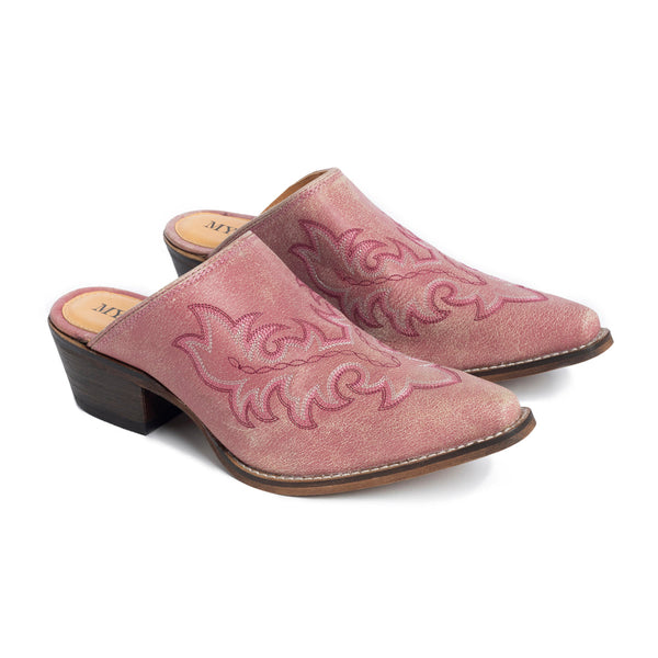 Myra Ximena Leather Mules in Pink - Handstitched Cowgirl Mules with Low Heel for Carnival Chic