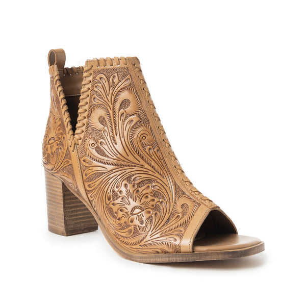 Myra Persimmonee Embossed Leather Heels for Women – Open Toe, Mid Block Heel, Western Cowgirl Fashion for Rodeo Evenings