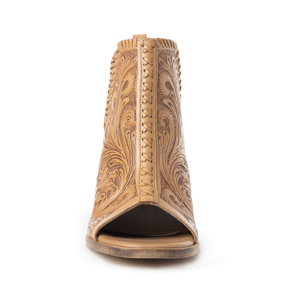 Myra Persimmonee Embossed Leather Heels for Women – Open Toe, Mid Block Heel, Western Cowgirl Fashion for Rodeo Evenings