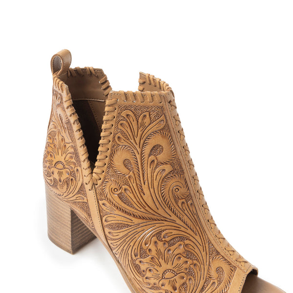 Myra Persimmonee Embossed Leather Heels for Women – Open Toe, Mid Block Heel, Western Cowgirl Fashion for Rodeo Evenings