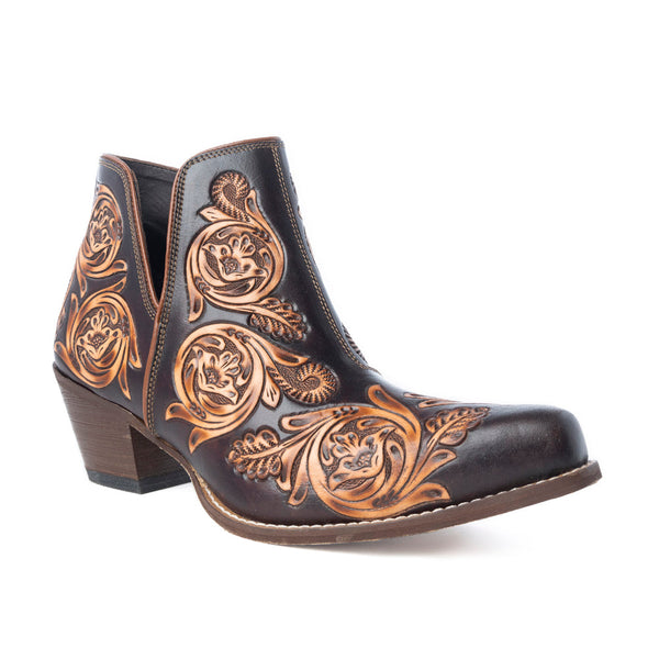 Bronzed Western Leather Art Booties in Brown