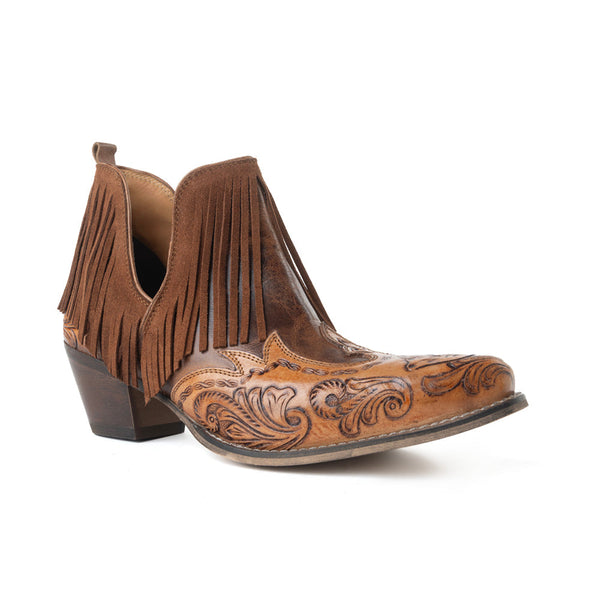 Myra Wild Ember Fringed Handtooled Leather Booties in Golden Rust