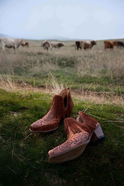 Myra Wild Ember Fringed Handtooled Leather Booties in Golden Rust
