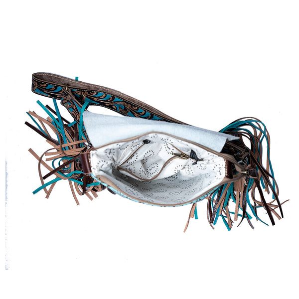Myra Cobal Blue Concealed Carry Bag Hair-On Leather Crossbody with Embossed Turquoise Panel and Fringe Detailing