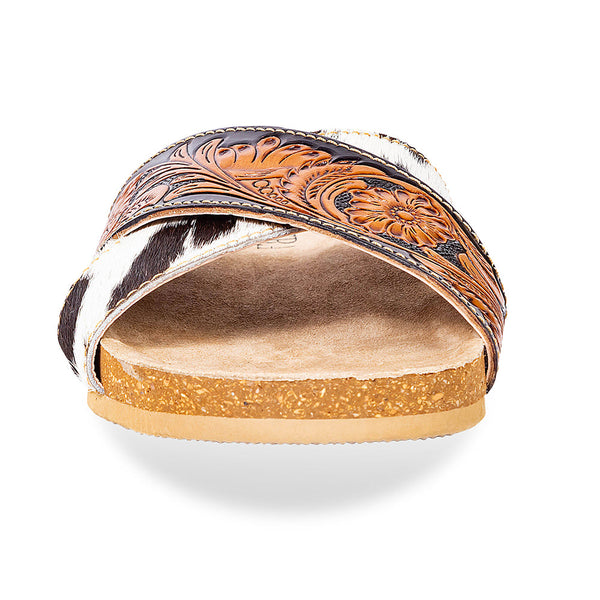 Myra Nevada Handtooled Leather Flats for Women - Double-Strap Sandals with Cushioned Cork Sole for Rodeo Chic Comfort