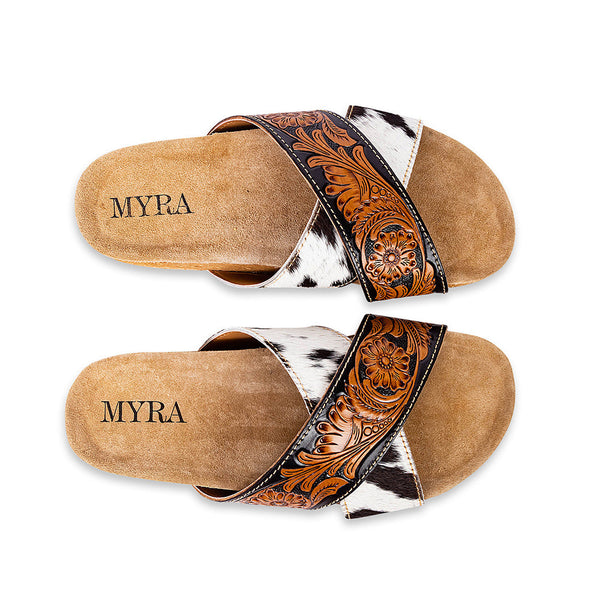 Myra Nevada Handtooled Leather Flats for Women - Double-Strap Sandals with Cushioned Cork Sole for Rodeo Chic Comfort