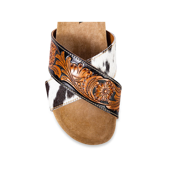 Myra Nevada Handtooled Leather Flats for Women - Double-Strap Sandals with Cushioned Cork Sole for Rodeo Chic Comfort