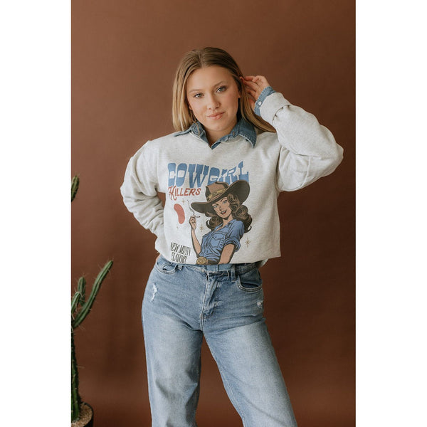 Cowgirl Killers V-Neck Raw Hem Graphic Sweatshirt