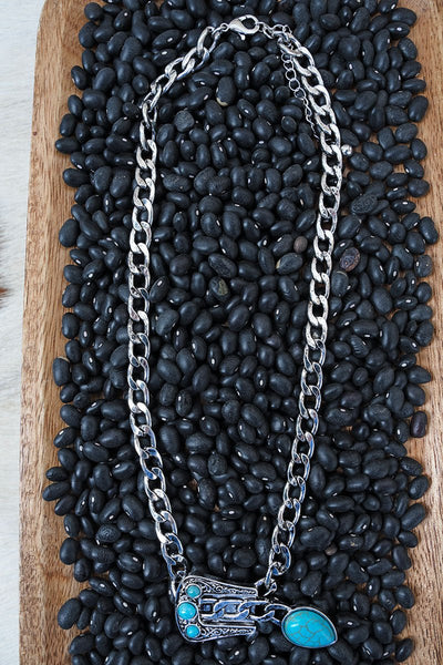 WESTERN CHAIN TXR SEMI STONE NECKLACE - SILVER / TURQUOISE