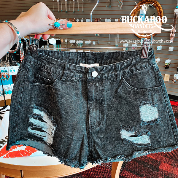 Distressed Black Denim Shorts