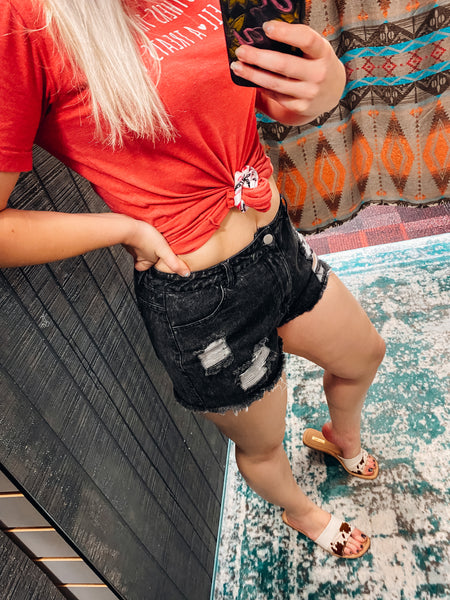 Distressed Black Denim Shorts
