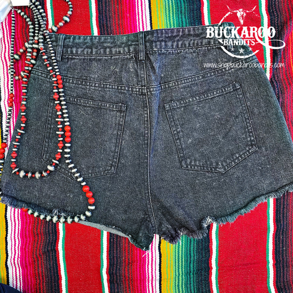 Distressed Black Denim Shorts