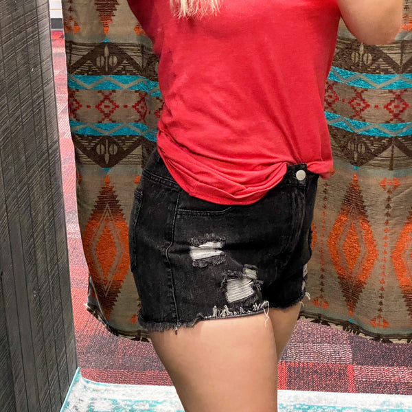 Distressed Black Denim Shorts
