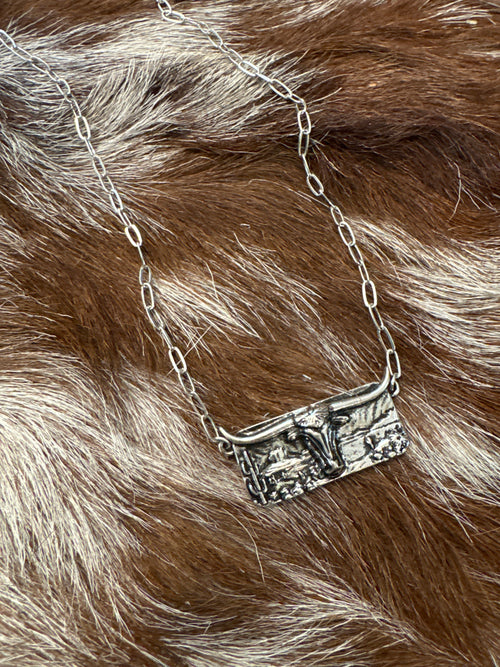 Desert Scene Longhorn Bar Necklace