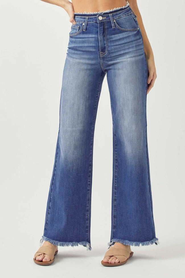 RISEN - High Waist Raw Hem Wide Leg Jeans