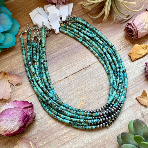 African Turquoise Heishi & Sterling Silver Pearl Necklace