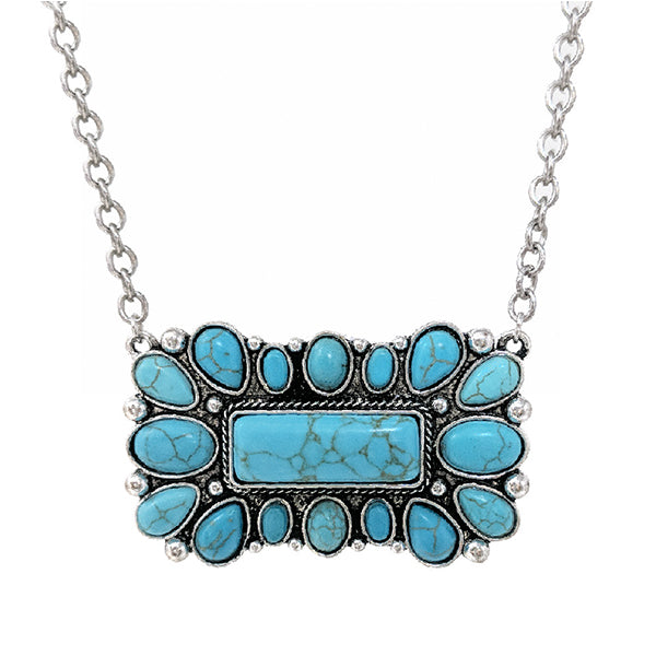 LARGE WESTERN HAND STONE BAR NECKLACE - SILVER / TURQUOISE