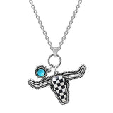 WESTERN PRINT RHINESTONE STEERHEAD NECKLACE - SILVER / BLACK / WHITE
