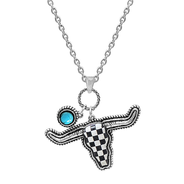 WESTERN PRINT RHINESTONE STEERHEAD NECKLACE - SILVER / BLACK / WHITE