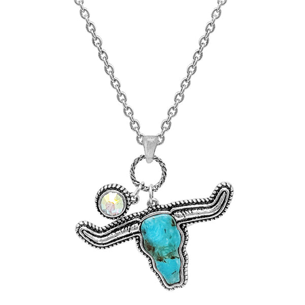 WESTERN PRINT RHINESTONE STEERHEAD NECKLACE - SILVER / TURQUOISE
