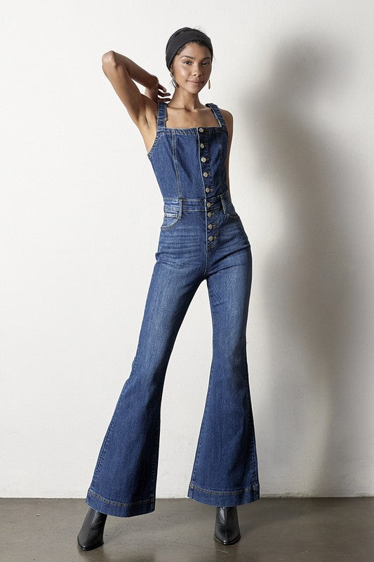 Front Buttons Flare Denim Overalls