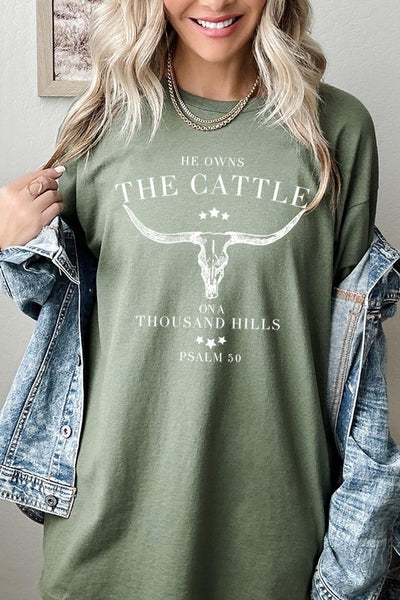 HE OWNS THE CATTLE HEAVY COTTON TEE